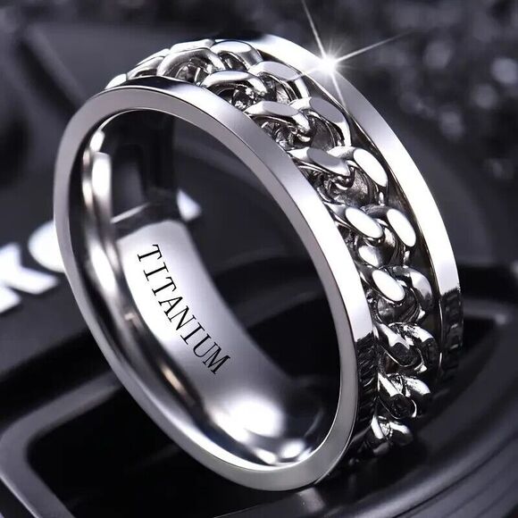 Chain link Silver Ring Titanium Steel Ring Jewelry Gift Size 8 Biker Goth - Picture 1 of 7